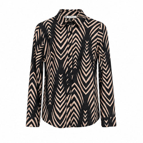 Angelle Milan Travelstof Blouse - Zwart Taupe Chevronprint