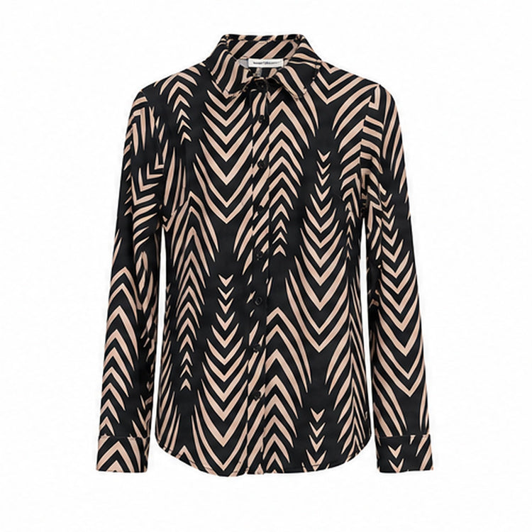 Angelle Milan Travelstof Blouse - Zwart Taupe Chevronprint