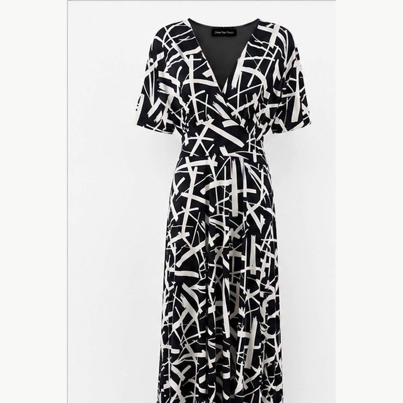 Jimi Fei Paris Maxi Jurk Dames - One Size - Zwart Wit Brush Lijnen - front