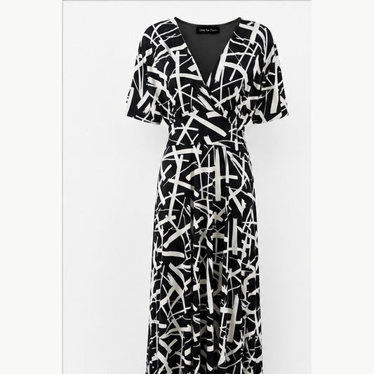 Jimi Fei Paris Maxi Jurk Dames - One Size - Zwart Wit Brush Lijnen - front