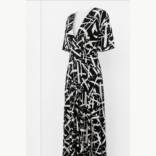 Jimi Fei Paris Maxi Jurk Dames - One Size - Zwart Wit Brush Lijnen - side