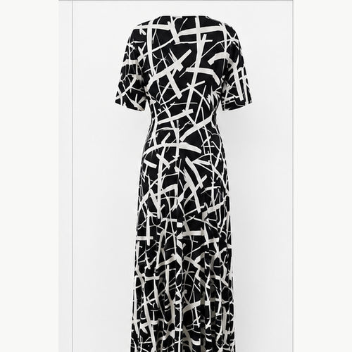 Jimi Fei Paris Maxi Jurk Dames - One Size - Zwart Wit Brush Lijnen - back