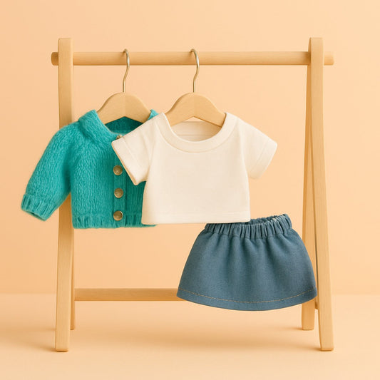 Labubu Outfit -  Blauw gebreid vestje met witte top en denim rokje