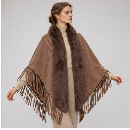 Suedine Driehoek Poncho met Franjes & Faux Fur Kraag