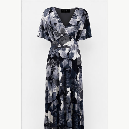 Jimi Fei Paris Maxi Jurk Dames - One Size - Grijs Zwart Bloemenprint - front