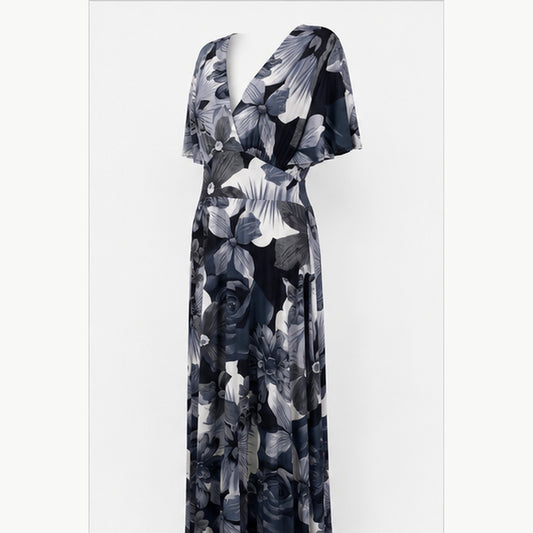 Jimi Fei Paris Maxi Jurk Dames - One Size - Grijs Zwart Bloemenprint - side