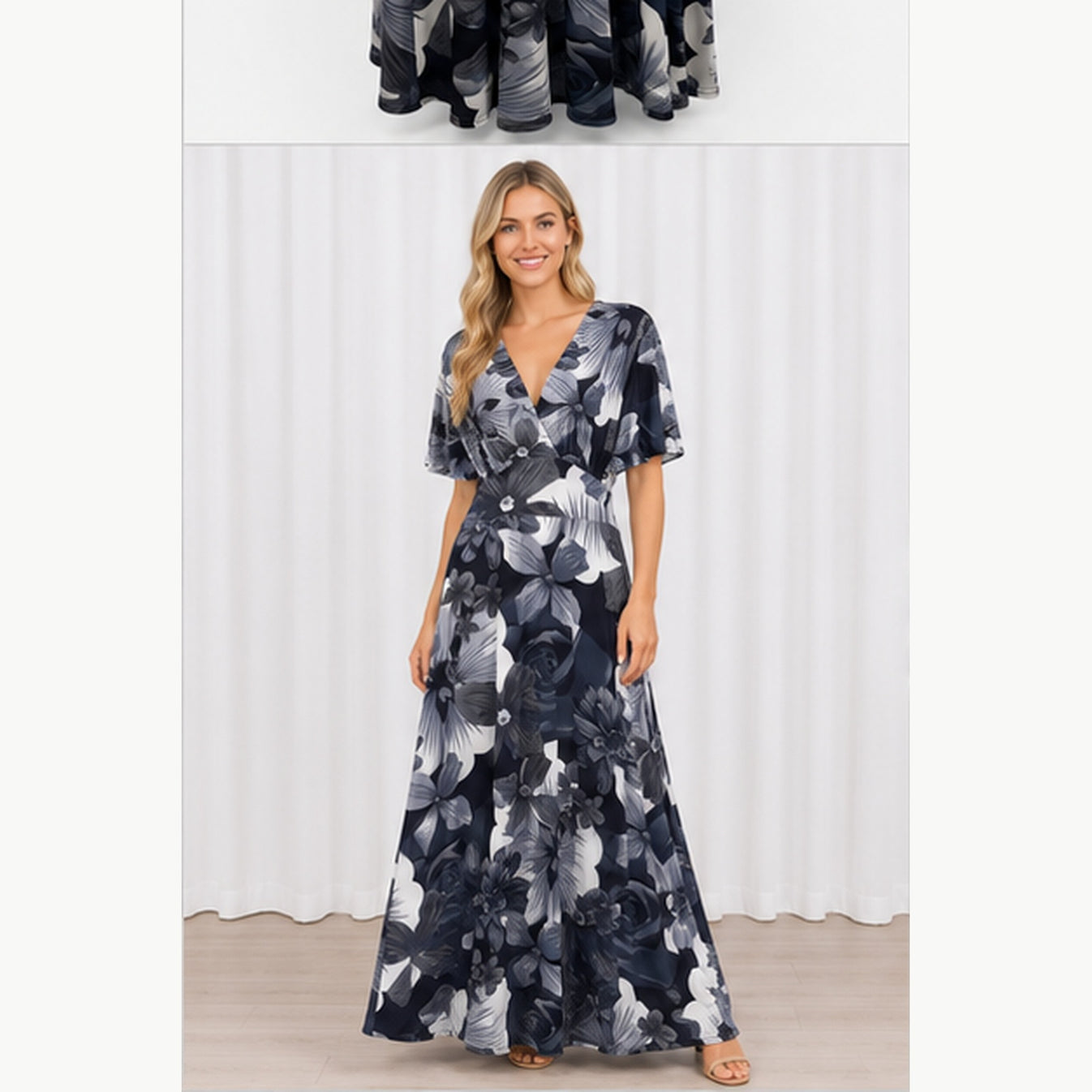 Jimi Fei Paris Maxi Jurk Dames - One Size - Grijs Zwart Bloemenprint - on model