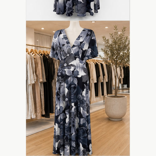 Jimi Fei Paris Maxi Jurk Dames - One Size - Grijs Zwart Bloemenprint - in setting