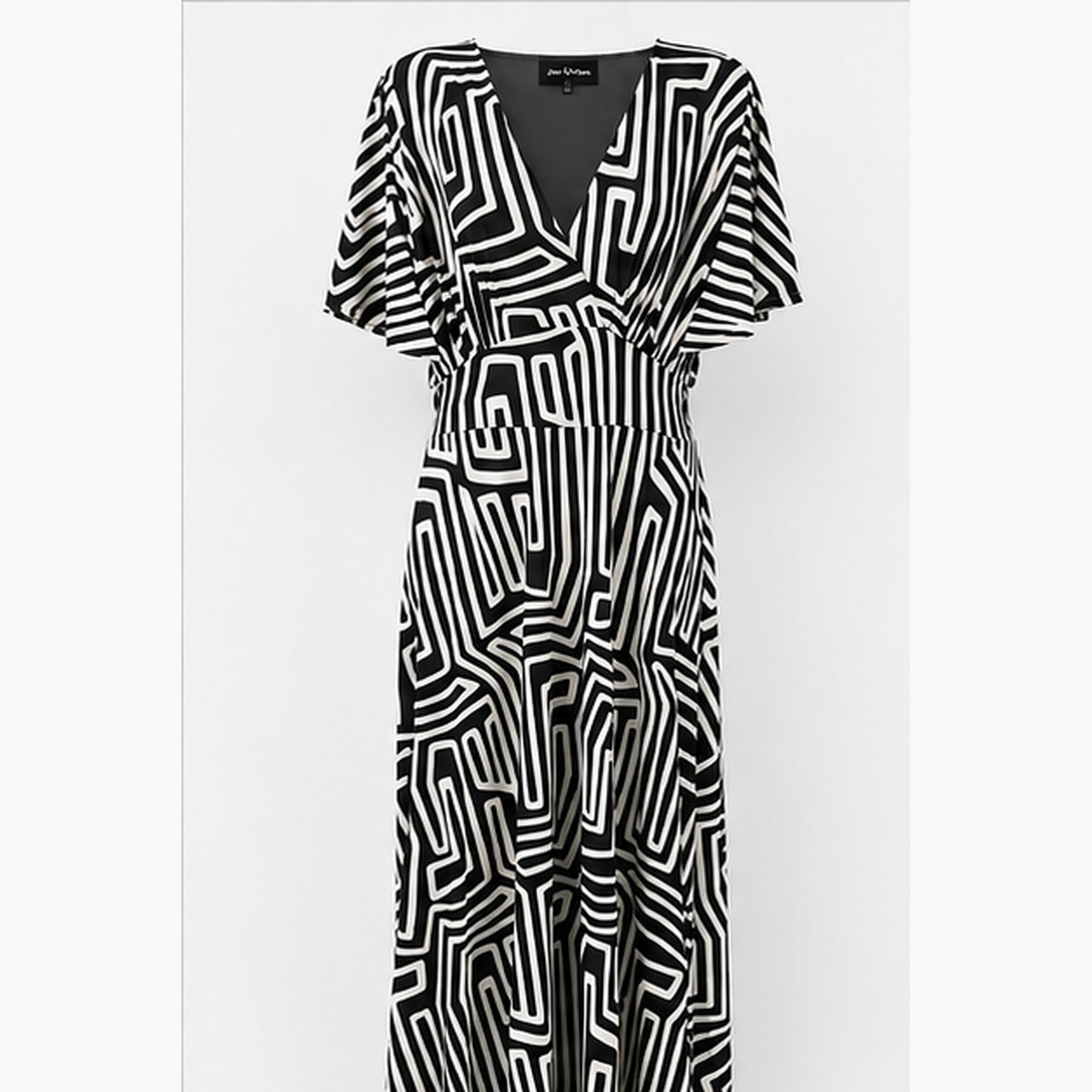 Jimi Fei Paris Maxi Jurk Dames - One Size - Zwart Wit Geometrische Lijnen - front