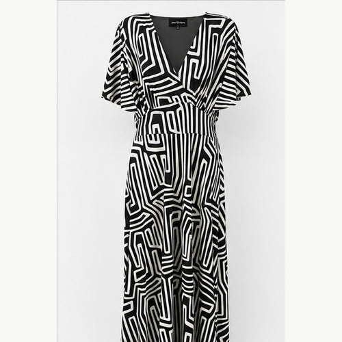 Jimi Fei Paris Maxi Jurk Dames - One Size - Zwart Wit Geometrische Lijnen - front