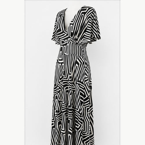 Jimi Fei Paris Maxi Jurk Dames - One Size - Zwart Wit Geometrische Lijnen - side