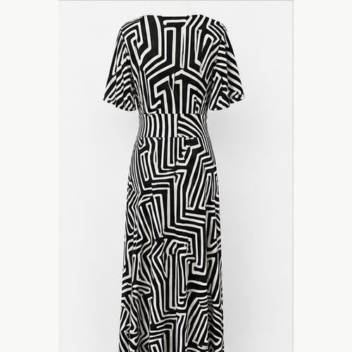 Jimi Fei Paris Maxi Jurk Dames - One Size - Zwart Wit Geometrische Lijnen - back