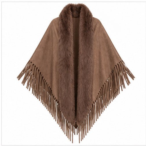 Suedine Driehoek Poncho met Franjes & Faux Fur Kraag