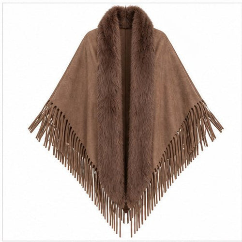 Suedine Driehoek Poncho met Franjes & Faux Fur Kraag