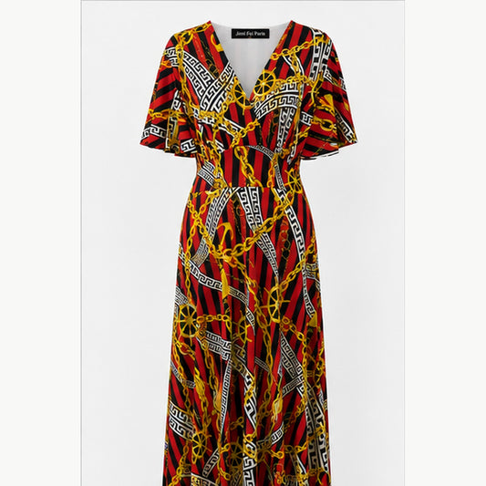 Jimi Fei Paris Maxi Jurk Dames - One Size - Rood Zwart Gouden Kettingprint - front
