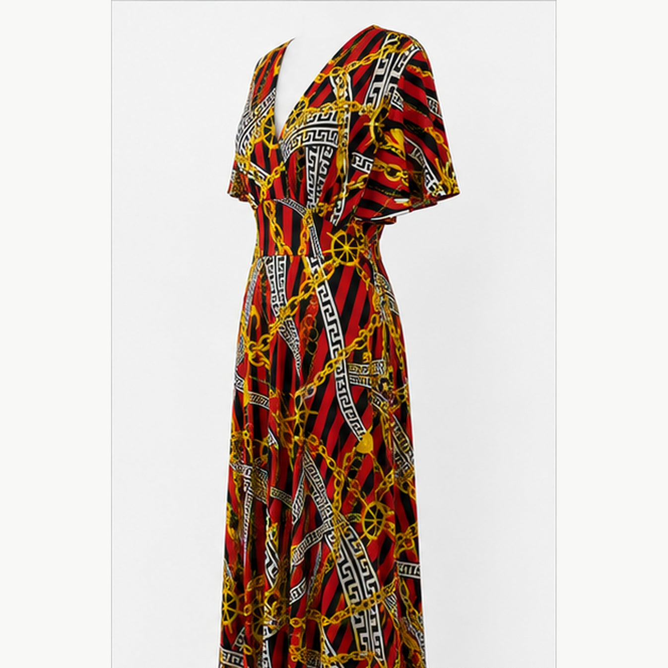 Jimi Fei Paris Maxi Jurk Dames - One Size - Rood Zwart Gouden Kettingprint - side