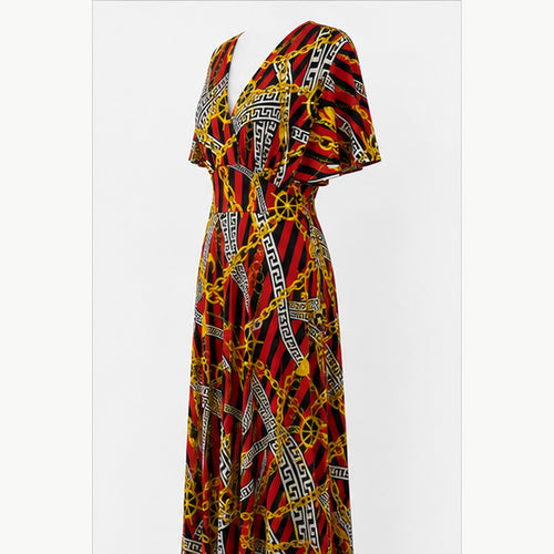 Jimi Fei Paris Maxi Jurk Dames - One Size - Rood Zwart Gouden Kettingprint - side