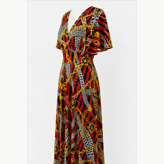 Jimi Fei Paris Maxi Jurk Dames - One Size - Rood Zwart Gouden Kettingprint - side