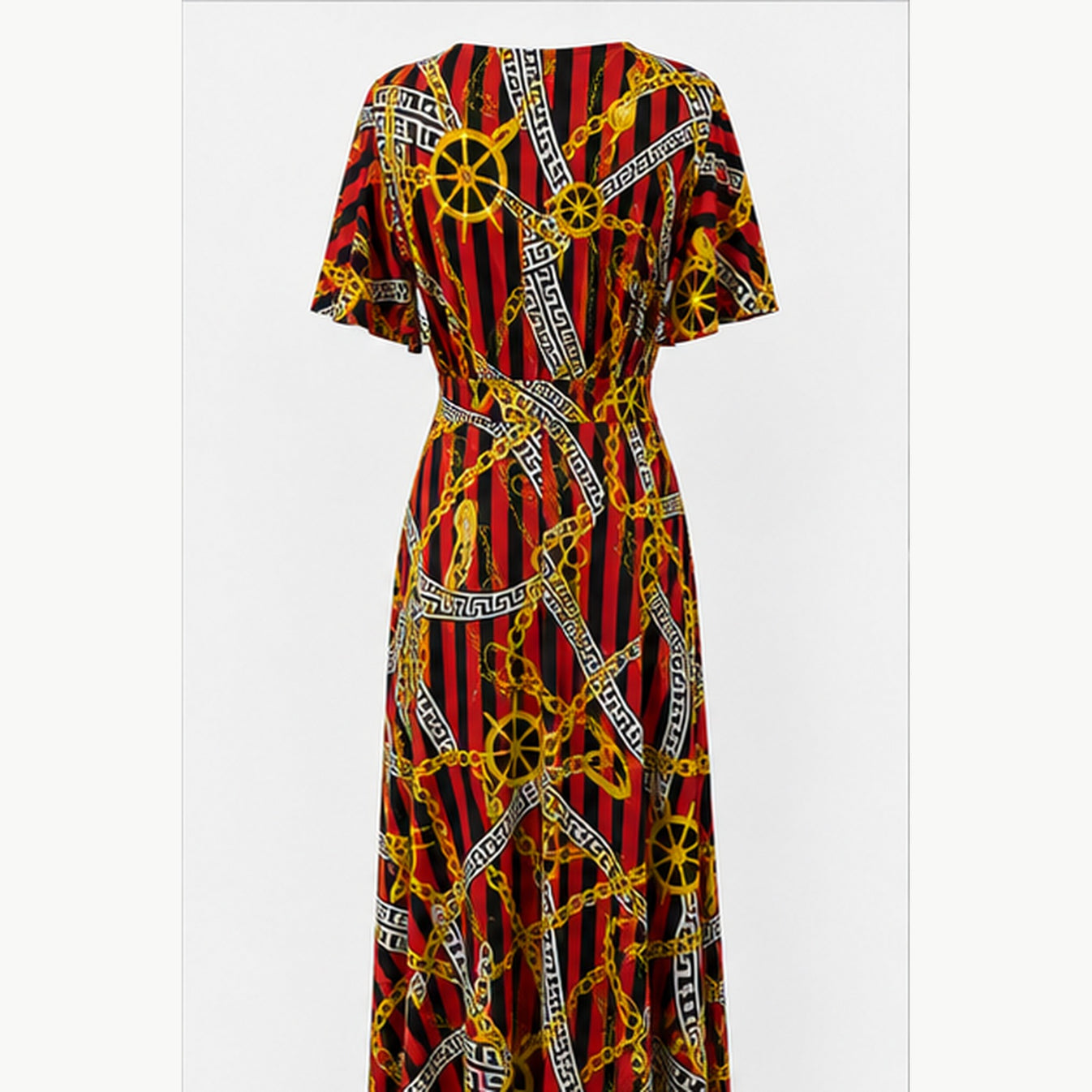 Jimi Fei Paris Maxi Jurk Dames - One Size - Rood Zwart Gouden Kettingprint - back