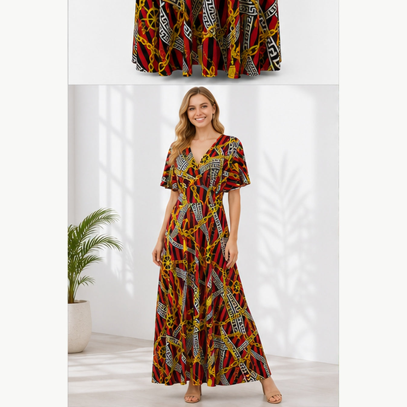 Jimi Fei Paris Maxi Jurk Dames - One Size - Rood Zwart Gouden Kettingprint - on model