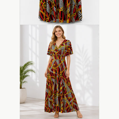 Jimi Fei Paris Maxi Jurk Dames - One Size - Rood Zwart Gouden Kettingprint - on model