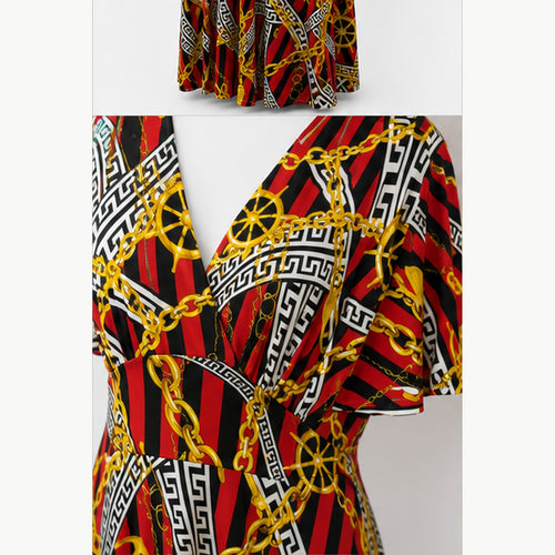 Jimi Fei Paris Maxi Jurk Dames - One Size - Rood Zwart Gouden Kettingprint - detail