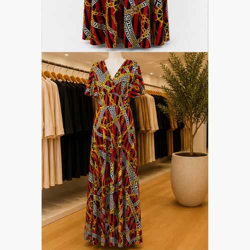 Jimi Fei Paris Maxi Jurk Dames - One Size - Rood Zwart Gouden Kettingprint - in setting