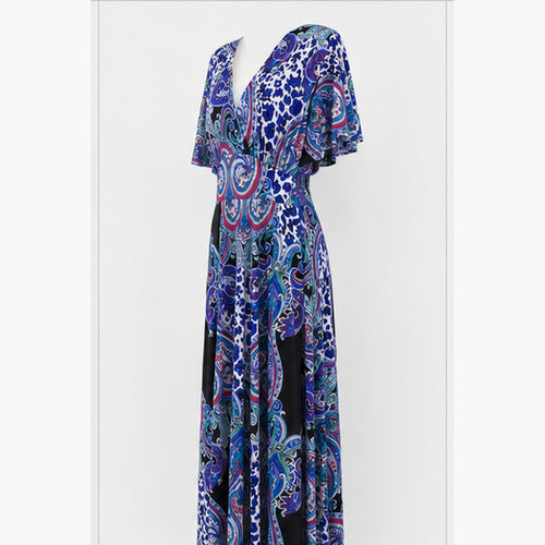 Jimi Fei Paris Maxi Jurk Dames - One Size - Blauw Paars Paisley Animal Print - side