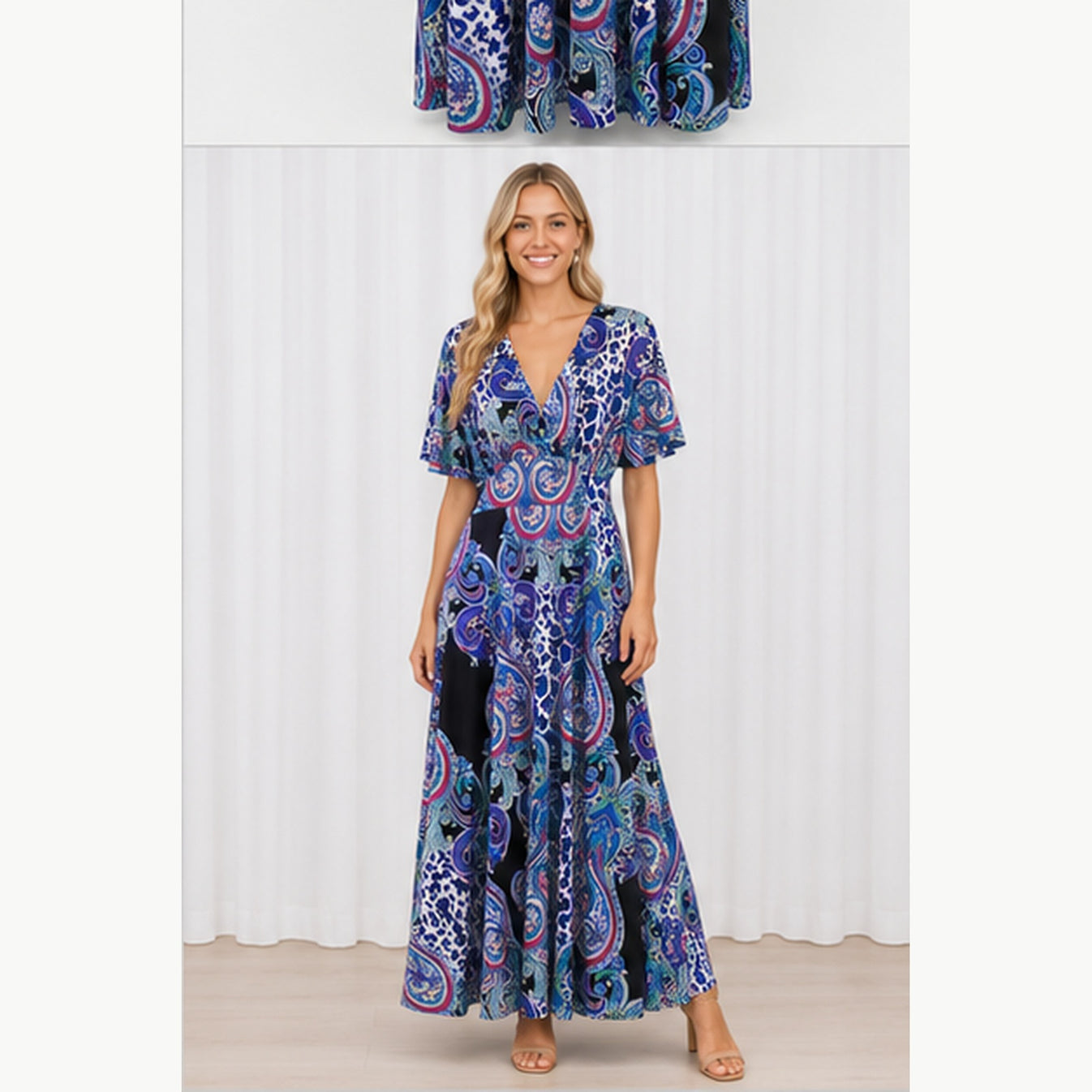 Jimi Fei Paris Maxi Jurk Dames - One Size - Blauw Paars Paisley Animal Print - on model