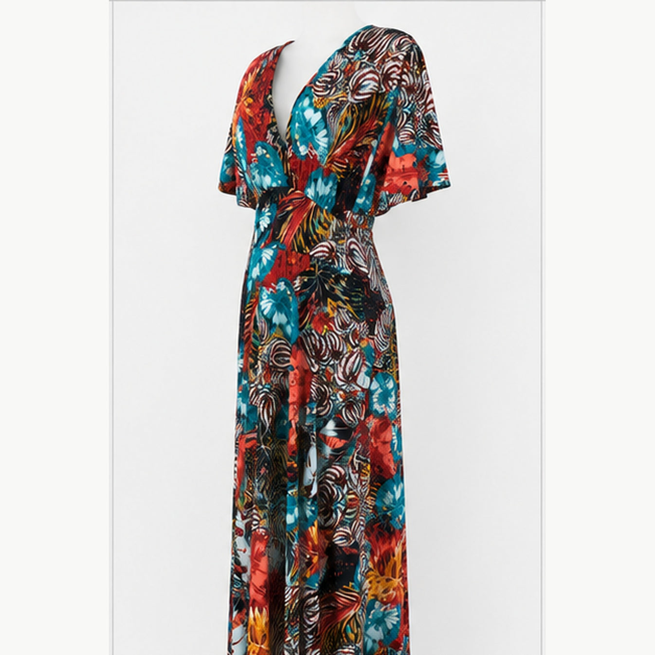 Jimi Fei Paris Maxi Jurk Dames - One Size - Rood Turquoise Tropische Print - side