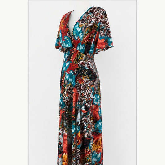 Jimi Fei Paris Maxi Jurk Dames - One Size - Rood Turquoise Tropische Print - side