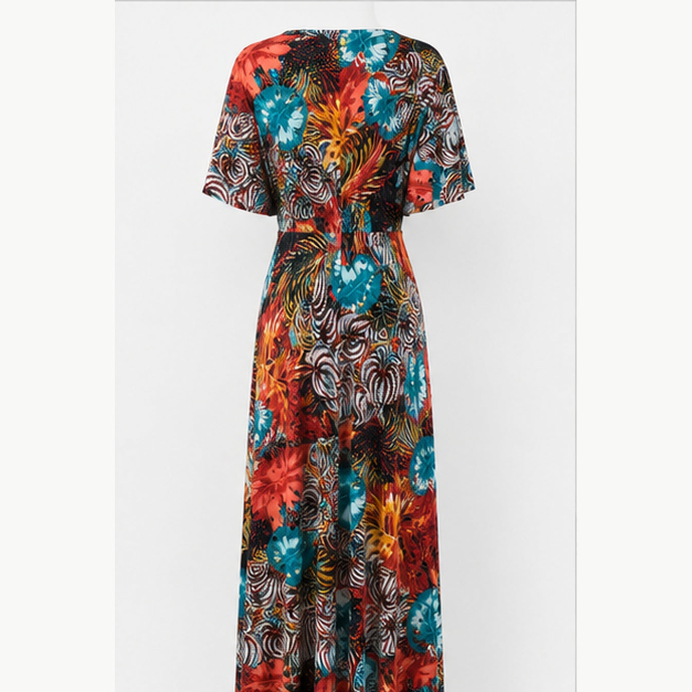Jimi Fei Paris Maxi Jurk Dames - One Size - Rood Turquoise Tropische Print - back