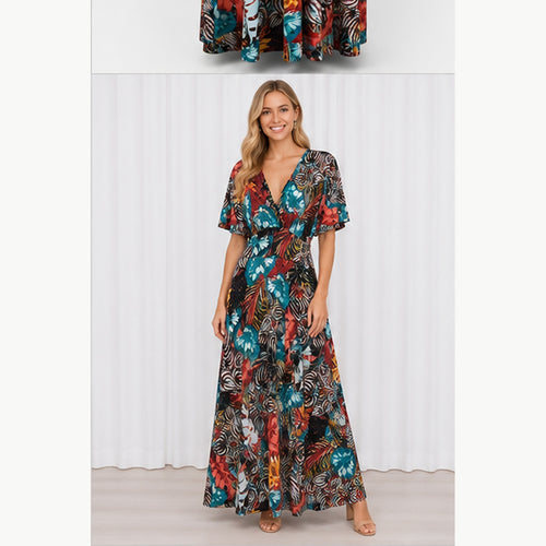 Jimi Fei Paris Maxi Jurk Dames - One Size - Rood Turquoise Tropische Print - on model