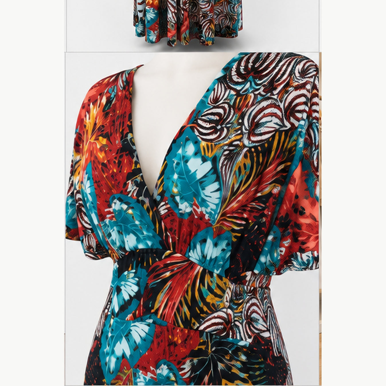 Jimi Fei Paris Maxi Jurk Dames - One Size - Rood Turquoise Tropische Print - detail