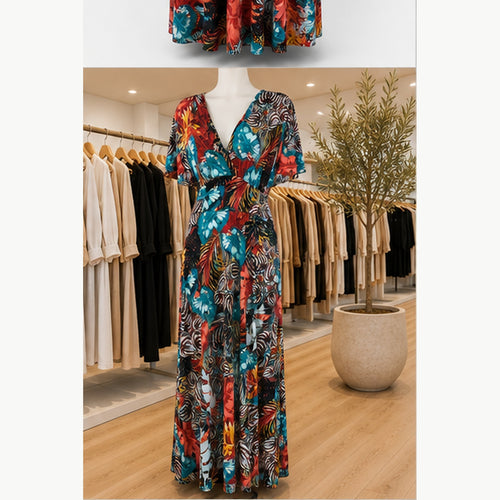 Jimi Fei Paris Maxi Jurk Dames - One Size - Rood Turquoise Tropische Print - in setting