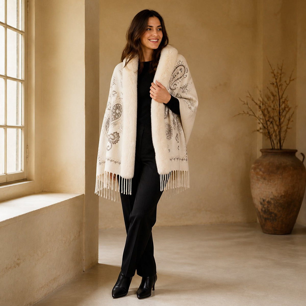 Paisley Stola met Faux Fur Rand - 65x180 cm
