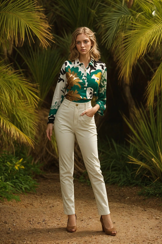 Angelle Milan - Groen Z/W travelstof Blouse voor Dames - Travelstof - Ademend - Kreukherstellend - Duurzaam - in 5 maten! - Mapsy B.V