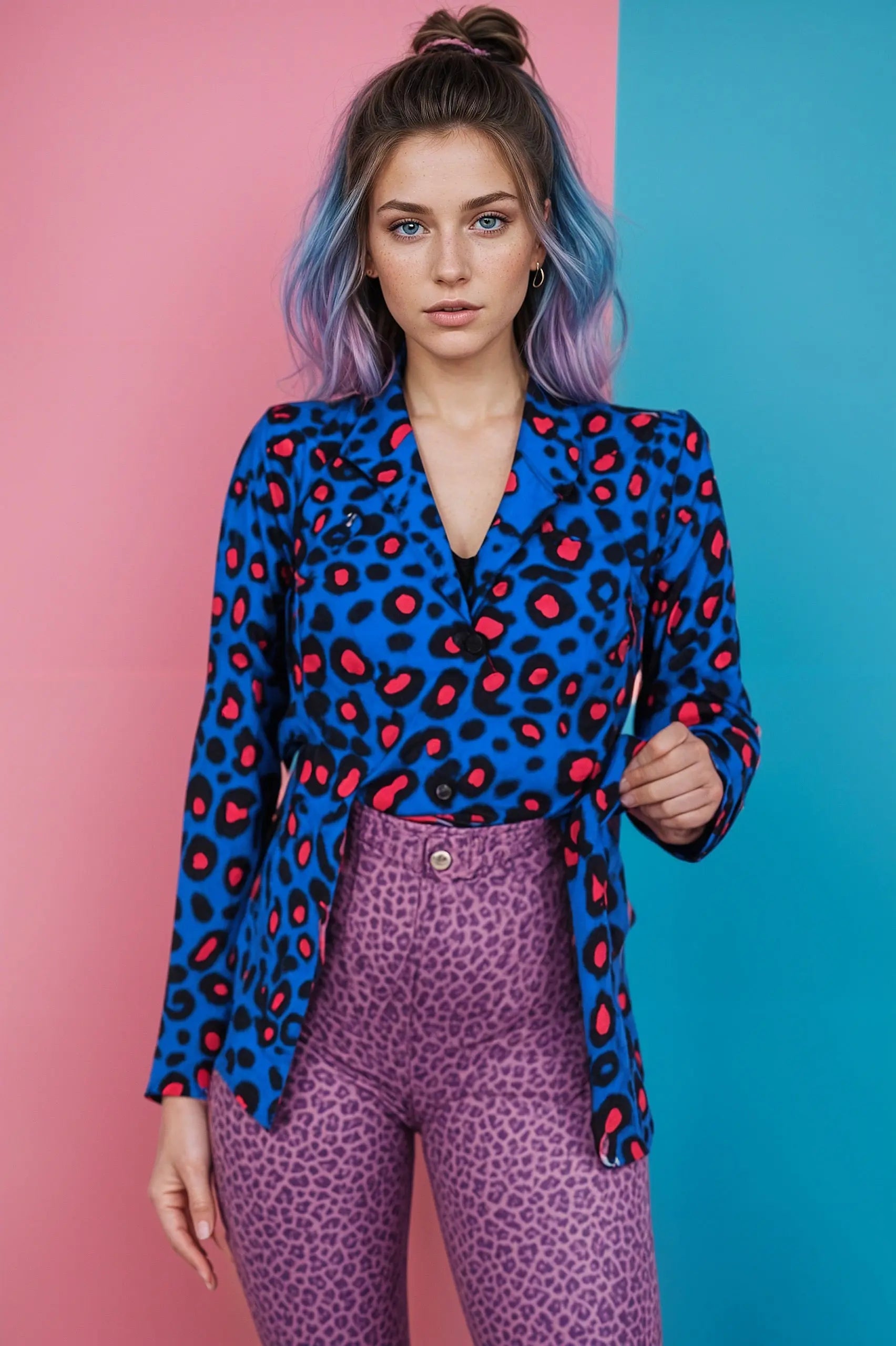 Angelle Milan - Blauw-fuchsia print blazer voor Dames - Travelstof - Comfort - Strijkvrij - Duurzaam - In 5 maten! Mapsy B.V