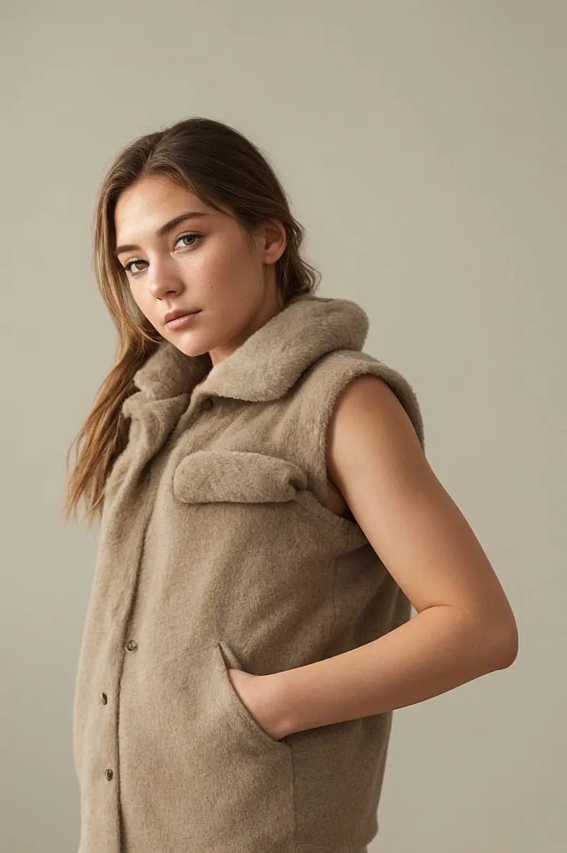 Elegante Mouwloze Taupe Faux Fur Mantel met Knoopsluiting - De wintertrend van 2024! Verkrijgbaar in 4 Kleuren - One Size Mapsy B.V