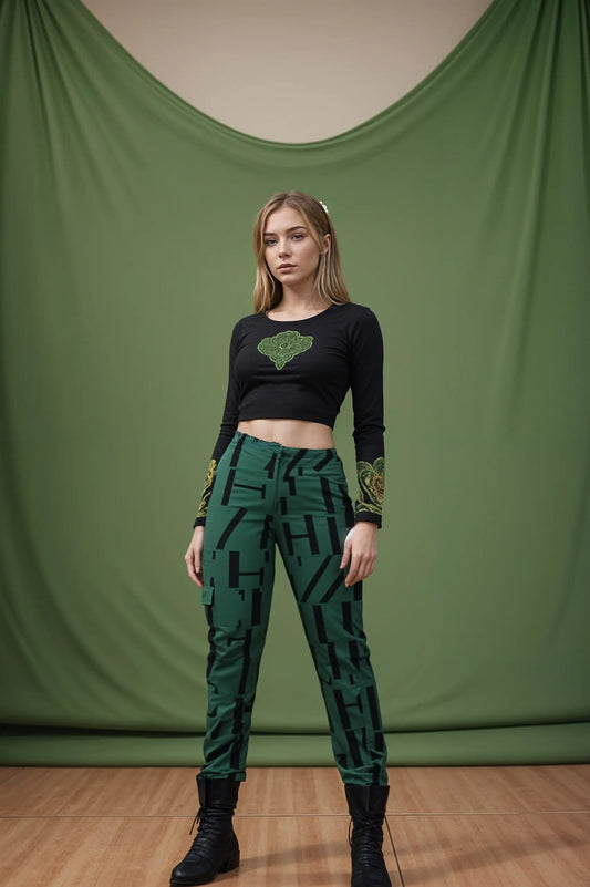 Angelle Milan - Casual travelstof broek - Groen met zwarte letters - Met taillekoord - Travelstof - In 5 maten beschikbaar - Mapsy B.V
