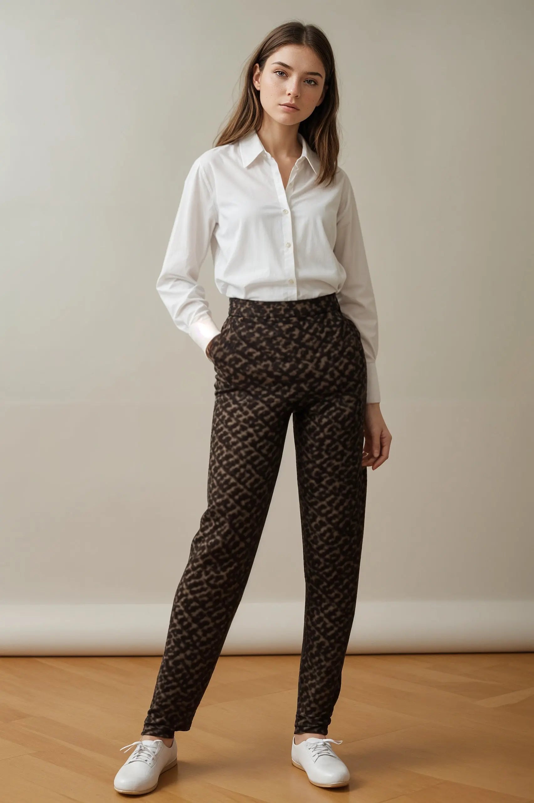 Nous - Casual broek - Bruine print - Taillekoord - Travelstof Mapsy B.V