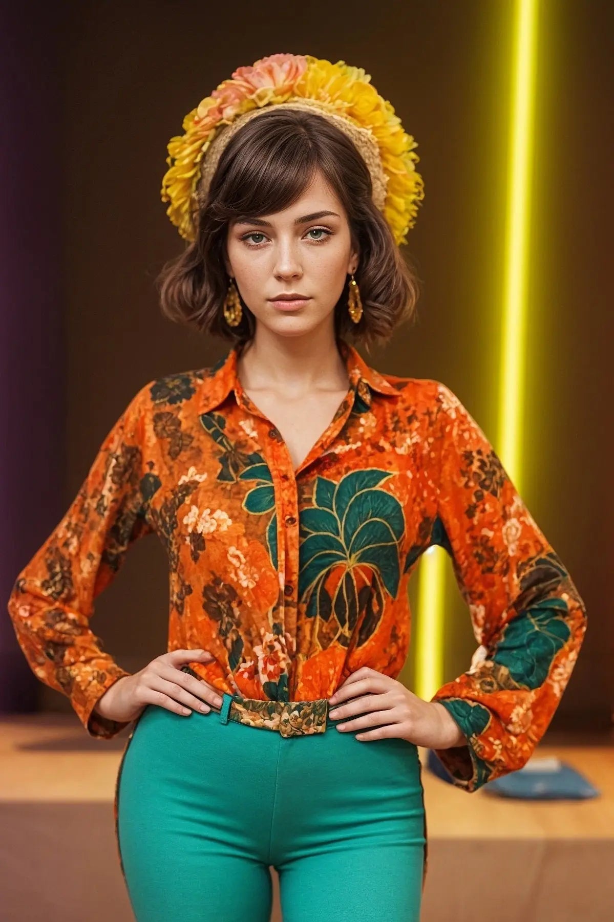 Angelle Milan - Oranje blouse met paarse bloemen - Travelstof - In 5 maten Mapsy B.V