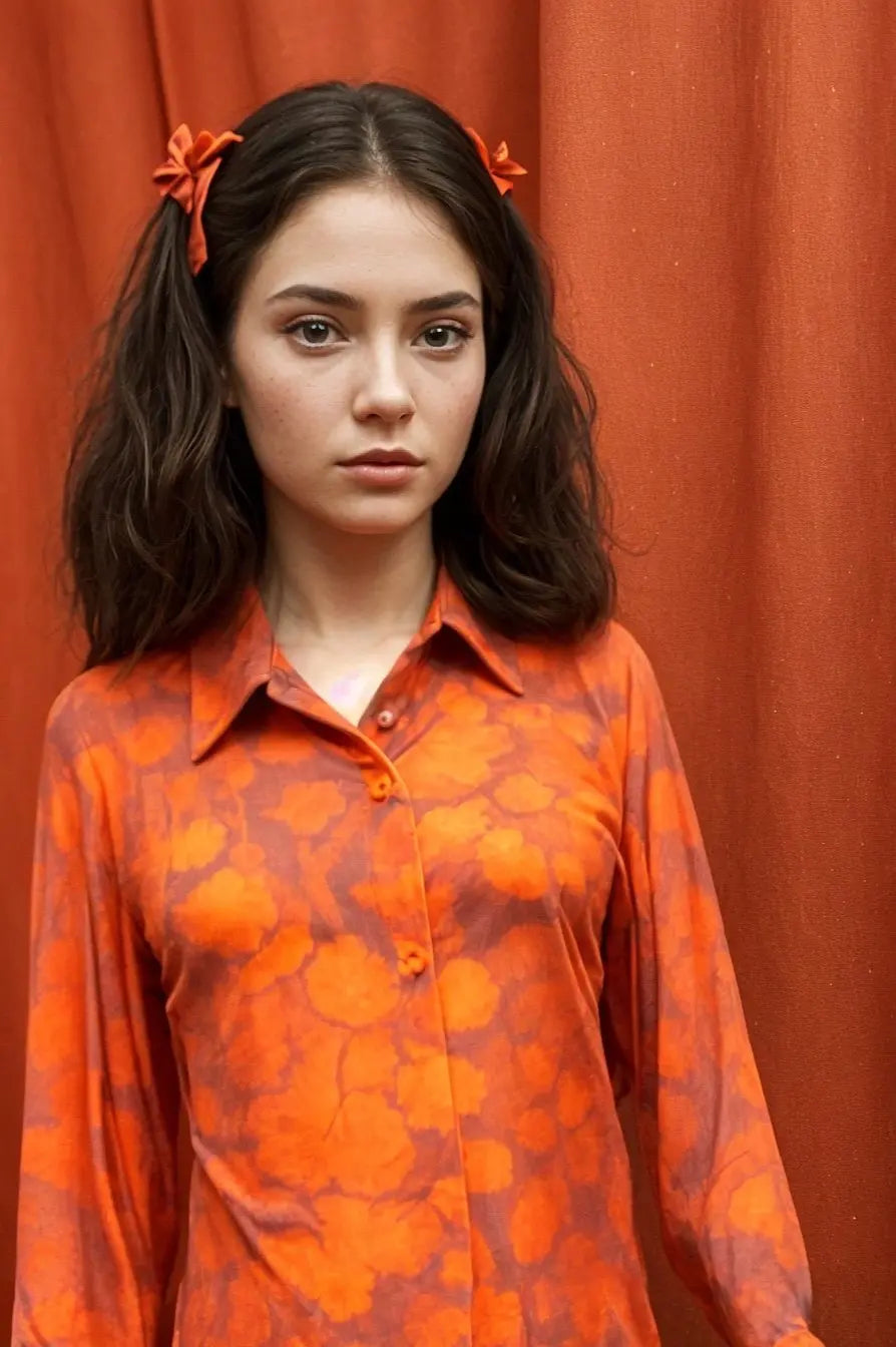 Angelle Milan - Oranje blouse met bloemenpatroon - Travelstof - In 5 maten Mapsy B.V