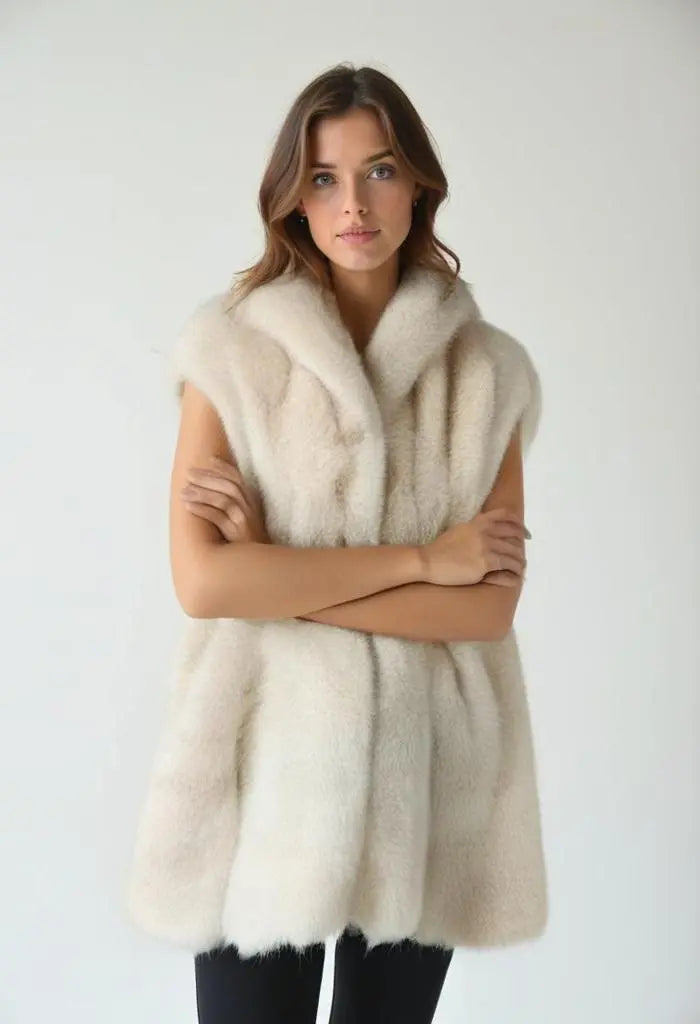 Zachte, witte faux fur bodywarmer met capuchon, mouwloos en ruimvallend, perfect voor de winter van 2024.