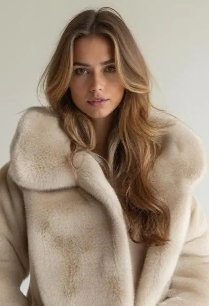 Zachte, beige faux fur bodywarmer met capuchon, mouwloos en ruimvallend, perfect voor de winter van 2024