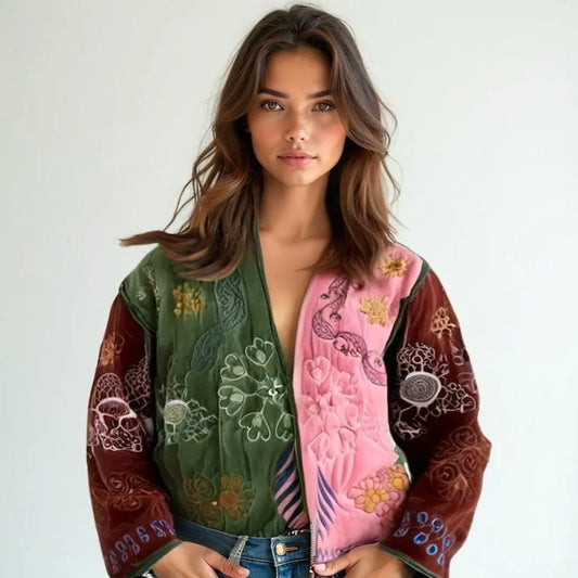 Fluwelen jas Velvet Jas met Verschillende Prints - Groen en Roze - One Size - Mapsy B.V
