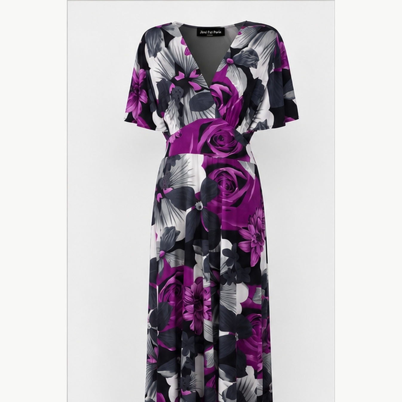 Jimi Fei Paris Maxi Jurk Dames - One Size - Paars Grijs Bloemenprint - front