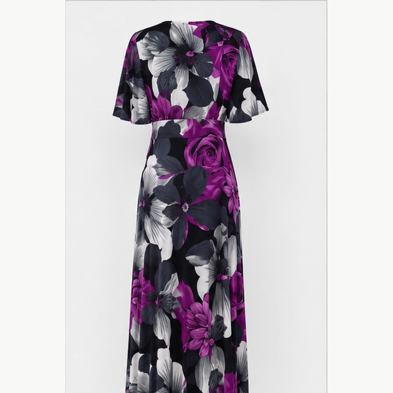 Jimi Fei Paris Maxi Jurk Dames - One Size - Paars Grijs Bloemenprint - back