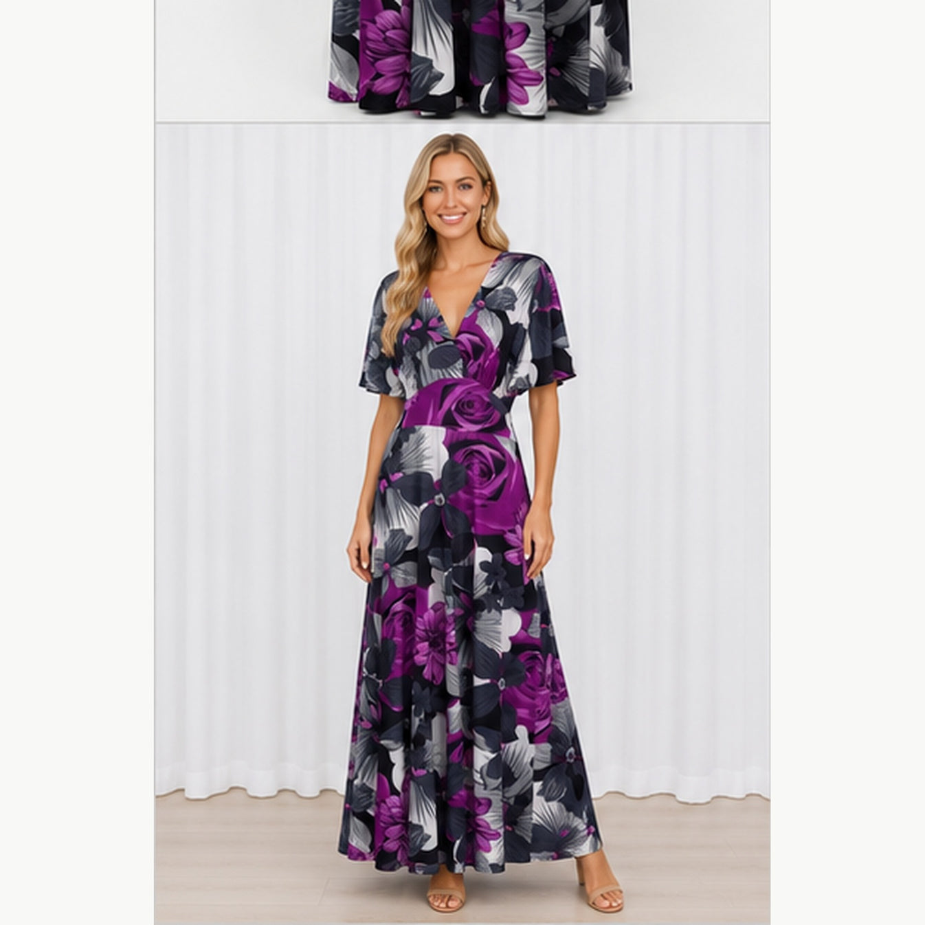 Jimi Fei Paris Maxi Jurk Dames - One Size - Paars Grijs Bloemenprint - on model