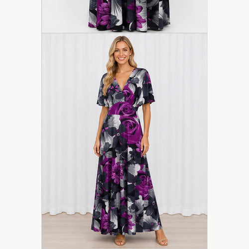 Jimi Fei Paris Maxi Jurk Dames - One Size - Paars Grijs Bloemenprint - on model